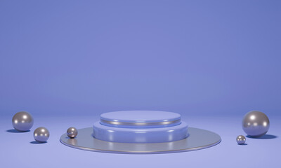 Blank podium for product with silver ball. Mock up winner podium cylinder block, 3d render illustration, pedestal isolated on blue lavender background,  abstract minimal concept 