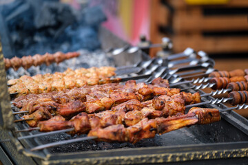 Yummy skewers frying on brazier