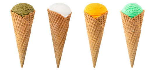 Pistachio, vanilla, orange and mint ice cream in waffle cone isolated on white.