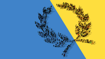 Concept or conceptual community of people forming the image of laurel wreaths on Ukrainian flag.  3d illustration metaphor for victory, winning,  success, triumph, celebration, freedom and peace