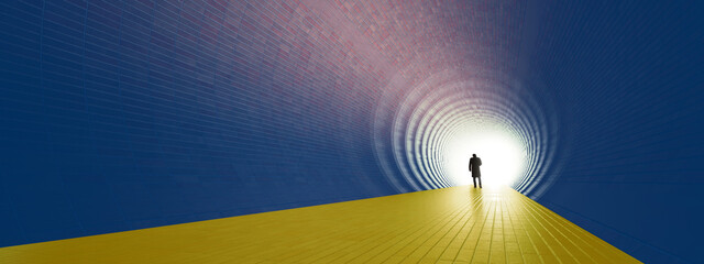 Fototapeta na wymiar Concept or conceptual blue and yellow tunnel, the Ukrainian flag colors, with a bright light at the end as metaphor to hope and faith.A 3d illustration of a black silhouette of walking man to freedom