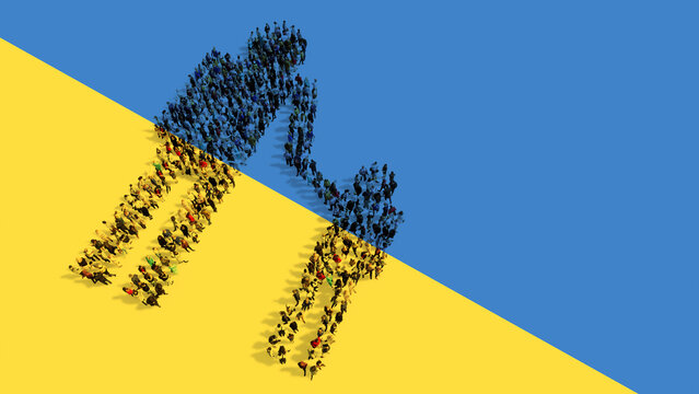 Concept or conceptual large community of people forming the adult and child holding hands sign on Ukrainian flag. 3d illustration metaphor for family, warning, risk, help, protection and security
