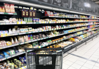 empty grocery cart in an empty supermarket