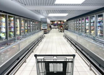 empty grocery cart in an empty supermarket