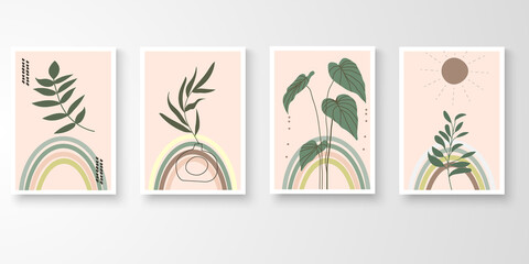 Fototapeta na wymiar Set of botanical wall art. Minimal abstract art organic plants rainbow pot dot line shape composition. Vector illustration.