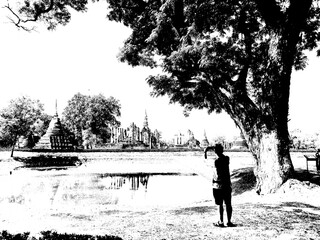 Ancient Ruins in Sukhothai World Heritage Site Black and white illustrations.