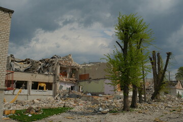 Fototapeta na wymiar Destroyed school in the Ukrainian city of Zhytomyr. Russian aggression concept