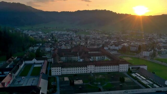 The Benedictine Abbey by air Abbatia territorialis Sanctissimae Virginis Mariae Einsiedlensis from the 10th century is an elective pilgrimage site as well as an important stop on the Way of St. James.