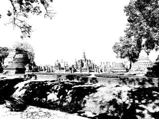 Ancient Ruins in Sukhothai World Heritage Site Black and white illustrations.