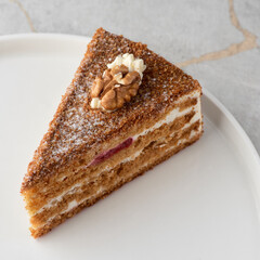 Honey cake with layers and pastry cream on plate, closeup view.