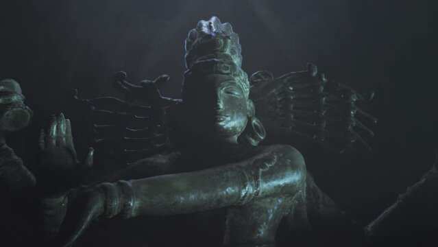 Giant Hindu god Shiva Nataraja, one of the Hindu deities. Dim, cinematic lighting. Zoom, dolly in.
