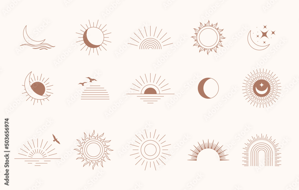 Sticker bohemian linear logos, icons and symbols, sun, arc, moon, wave design templates, geometric abstract  - Stickers