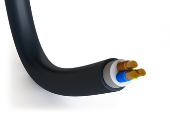 Closeup of a Three Core Electric Cable. Different Color Stripped Copper Wires on a White Background. 3d Rendering