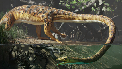 Tanystropheus, extinct reptile  drinking at a waterhole - obrazy, fototapety, plakaty