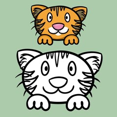 A set of color and sketch drawings. Cute striped cartoon orange kitten looks and smiles, cat face with paws, vector