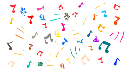 Modern seamless pattern with melodies and notes, colorful and floral elements. Feel music drawing illustrations. Good for printing. Multicolor wallpaper