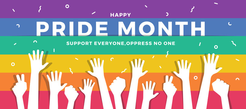 happy pride month white hands raised on rainbow pride flag background vector design