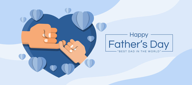 happy father's day father and kid hand to pinky swear in blue heart and heart paper around vector design