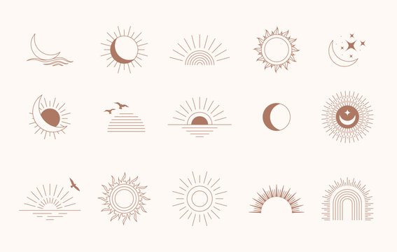 Bohemian linear logos, icons and symbols, sun, arc, moon, wave design templates, geometric abstract design elements for decoration.