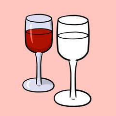 A set of color images with a sketch image. A set of glass wine glasses for wine. Vector illustration, cartoon style
