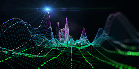 Abstract technology background with color wireframe graph with spot. Visual presentation of analytics lines algorithms. Big Data.  Banner for business, science and technology.