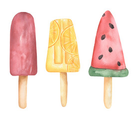 Watercolor Ice cream clipart set, summer food illustration, watermelon and citrus ice cream print
