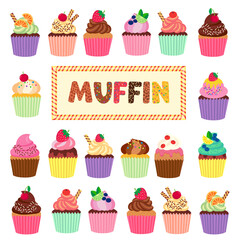 set of cupcakes on a transparent background. pastries with cream, muffins and cupcakes with chocolate berries. vector illustration, for advertising and pastry