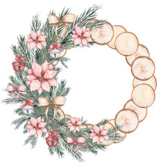 Watercolor Christmas tree wreath with toys and bow decoration clipart set, Winter frame illustration, cute holidays decor clip art, card printing