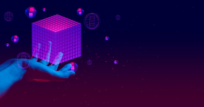 businessman hand holding holographic of  metaverse network on black background, metaverse internet social online technology, digital cryptocurrency coin