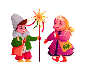 Children in Ukraine singing of Christmas carols isolated on a white background. Ukrainian carolers. Christmas star. Vector cute Illustration in cartoon style.