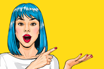 Amazed Pop Art Woman  showing product .Advertising design of beautiful   girl presenting something  - 503659103