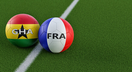 France vs. Ghana Soccer Match - Leather balls in France and Ghana national colors. 3D Rendering 