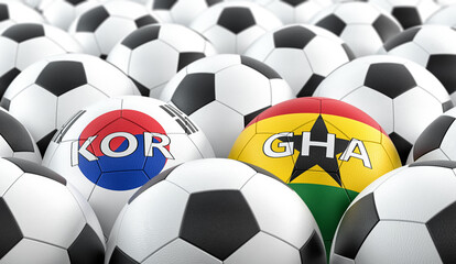 Obraz premium South Korea vs. Ghana Soccer Match - Leather balls in South Korea and Ghana national colors. 3D Rendering 