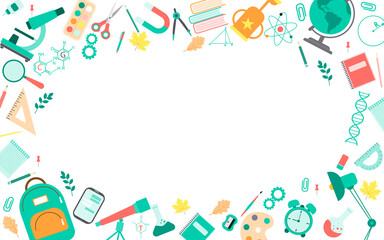 Frame for school supplies, stationery , tools, items. Horizontal banner template. Back to school concept for websites and promotional materials. Sale of leaflets, advertising. Vector illustration