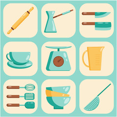 Kitchen tools set icon. Vector flat illustration Kitchenware collection. Cooking tools, utensils, cutlery.