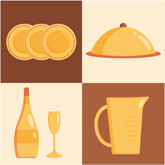 Kitchen tools set icon. Vector flat illustration Cooking tools, utensils, cutlery. Kitchenware collection. Kitchen plates, bottle, glass, dish, jug.