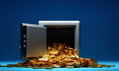 Golden dollar coins fall out the open safe box