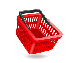 red shopping basket empty side view floating on the air and oject on white background for shopping advertising design,vector 3d isolated for promotion shopping concept design