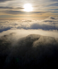 Fototapeta na wymiar British weather sunrise aerial view over North Wales mountains