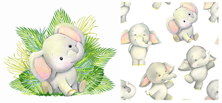 Elephant, Tropical Leaves, Watercolor Set, Clipart And Seamless Pattern, In Cartoon Style, On An Isolated Background.