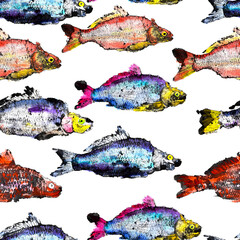 watercolor fish carp print seamless pattern colored bright on white background