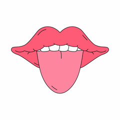 Open mouth with tongue sticking out in traditional cartoon style. Vector illustration isolated on white background. Symbol of passion and sexuality for sticker, print, poster, greeting card