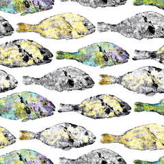 watercolor golden dorado fish print seamless pattern colored bright on white background