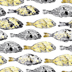 watercolor golden dorado fish print seamless pattern on white background