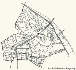 Detailed navigation black lines urban street roads map of the AM SCHÄFFLERBACH DISTRICT of the German regional capital city of Augsburg, Germany on vintage beige background