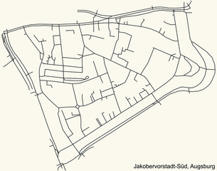 Detailed navigation black lines urban street roads map of the JAKOBERVORSTADT – SÜD DISTRICT of the German regional capital city of Augsburg, Germany on vintage beige background