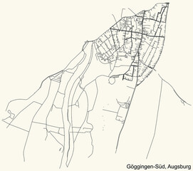 Detailed navigation black lines urban street roads map of the GÖGGINGEN-SÜD DISTRICT of the German regional capital city of Augsburg, Germany on vintage beige background