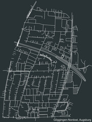 Detailed negative navigation white lines urban street roads map of the GÖGGINGEN-NORDOST DISTRICT of the German regional capital city of Augsburg, Germany on dark gray background