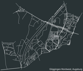 Detailed negative navigation white lines urban street roads map of the GÖGGINGEN-NORDWEST DISTRICT of the German regional capital city of Augsburg, Germany on dark gray background