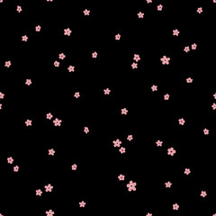 Fototapeta na wymiar Seamless pattern with tiny pink flowers on black background. . Sakura vector texture for print, textile, fabric, packaging.